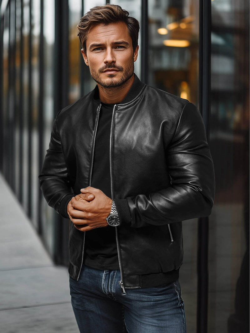 Ανδρικό δερμάτινο μπουφάν μαύρο OZONEE JS/11Z8106Z