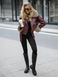 Γυναικείο δερμάτινο μπουφάν μπορντό OZONEE JS/61M8512/6