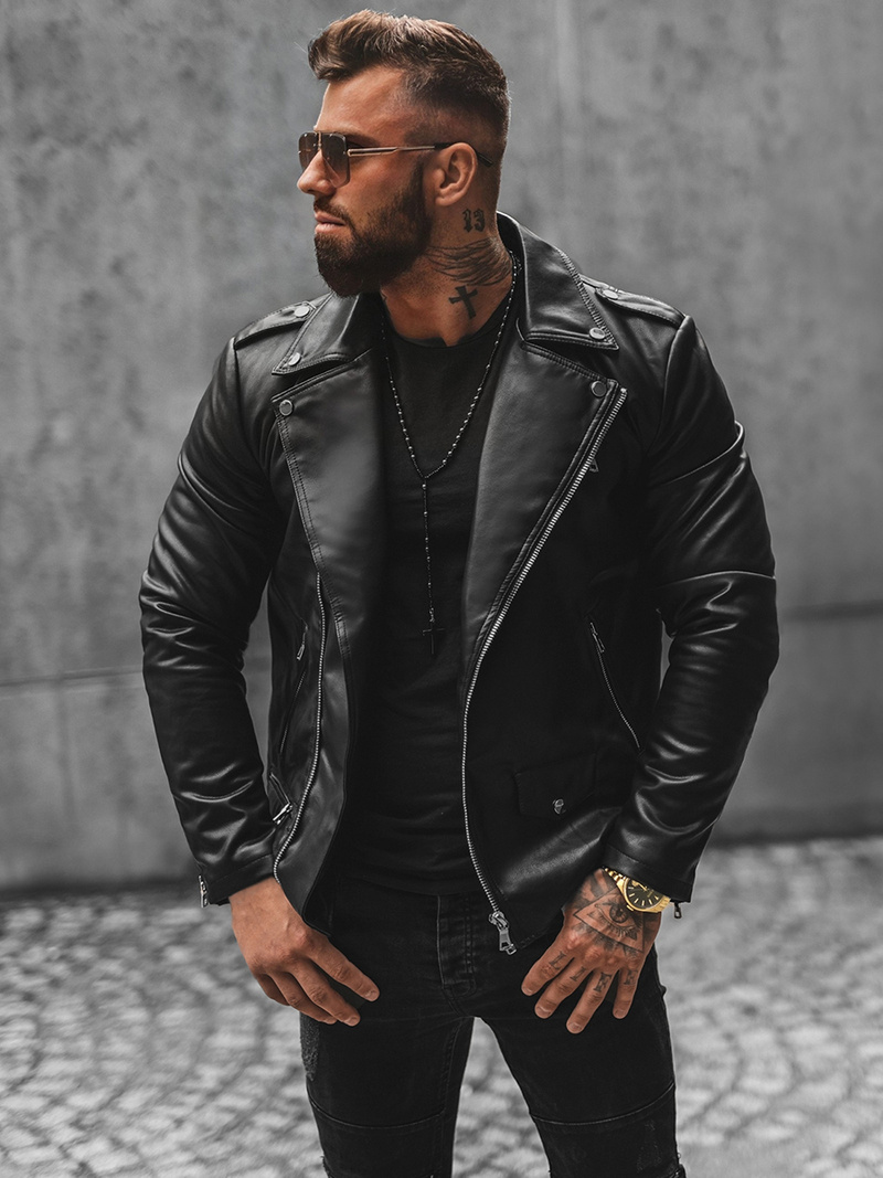 Ανδρικό δερμάτινο μπουφάν μαύρο OZONEE JS/11Z8014