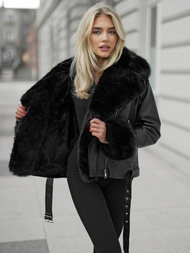 Γυναικείο δερμάτινο μπουφάν μαύρο OZONEE JS/61M8507/392AZ