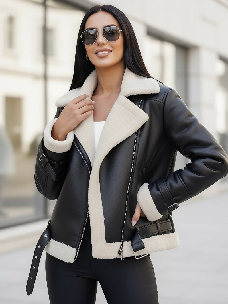 Γυναικείο δερμάτινο μπουφάν μαύρο-λευκό OZONEE JS/11Z8177Z