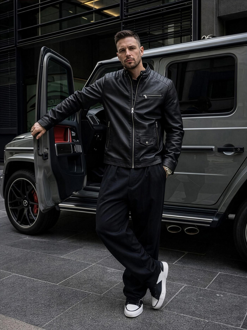 Ανδρικό δερμάτινο μπουφάν μαύρο OZONEE JS/11Z8021