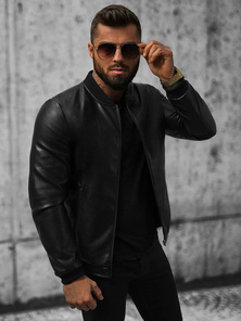 Ανδρικό δερμάτινο μπουφάν μαύρο OZONEE JS/11Z8015