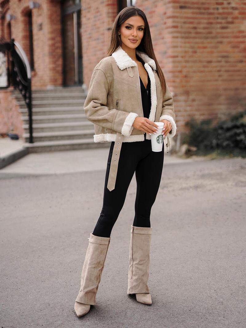 Γυναικείο δερμάτινο μπουφάν μπεζ OZONEE O/81331