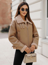 Γυναικείο δερμάτινο μπουφάν μπεζ OZONEE JS/11Z8176