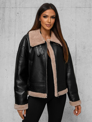 Γυναικείο δερμάτινο μπουφάν μαύρο-μπεζ OZONEE JS/11Z8176Z