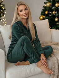 Γυναικείο βελούδινο σετ φόρμας Σκούρο πράσινο OZONEE JS/8C1176/9Z