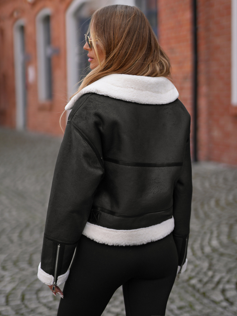 Γυναικείο δερμάτινο μπουφάν μαύρο OZONEE JS/11Z8256