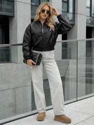 Γυναικείο δερμάτινο μπουφάν μαύρο OZONEE JS/11Z8281Z