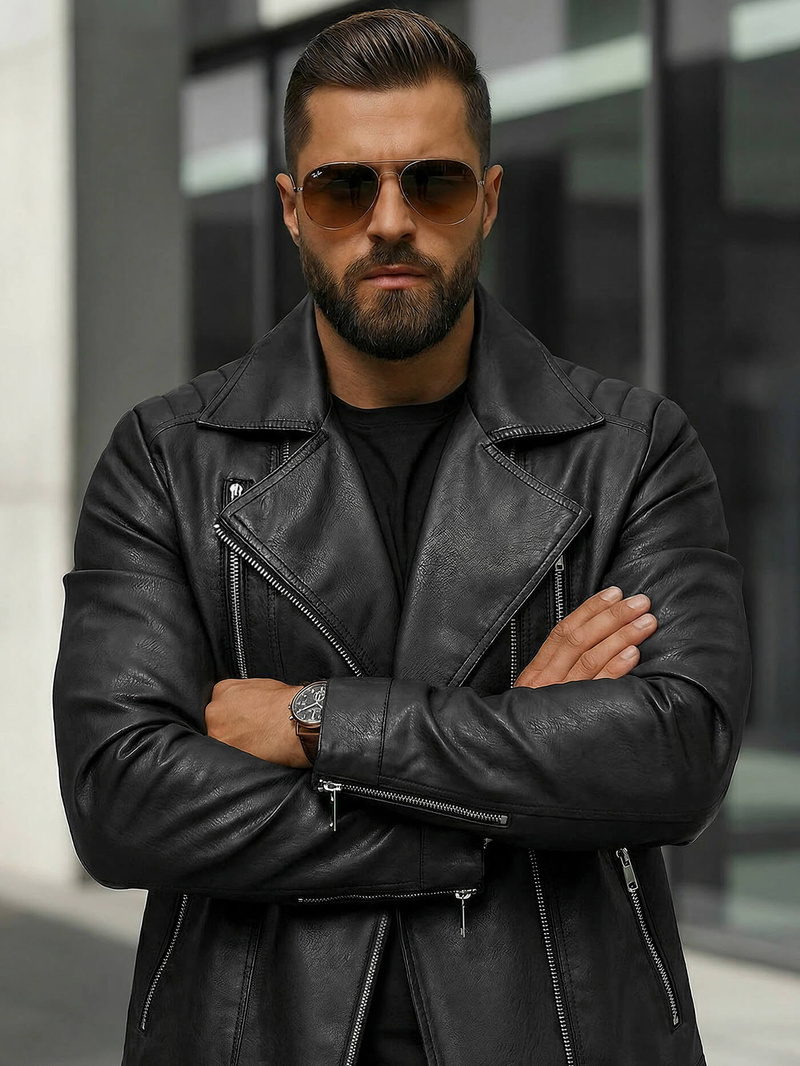 Ανδρικό δερμάτινο μπουφάν μαύρο OZONEE JS/11Z8067Z