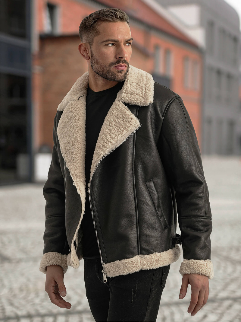 Ανδρικό δερμάτινο μπουφάν μαύρο OZONEE JS/11Z8273