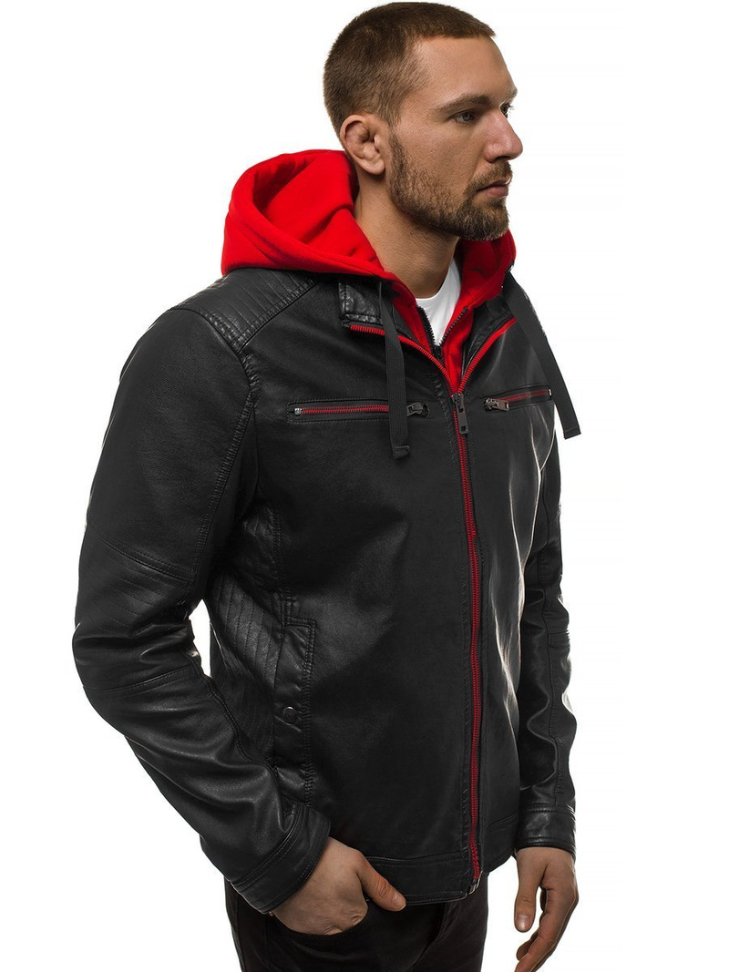 Ανδρικό δερμάτινο μπουφάν μαύρο-Κόκκινο OZONEE N/6129Z