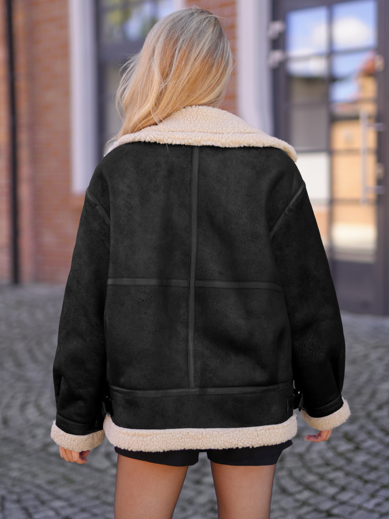 Γυναικείο δερμάτινο μπουφάν μαύρο-μπεζ OZONEE JS/61M8502/392B