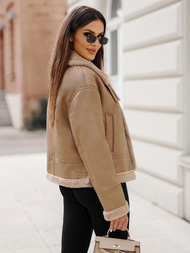 Γυναικείο δερμάτινο μπουφάν μπεζ OZONEE JS/11Z8176