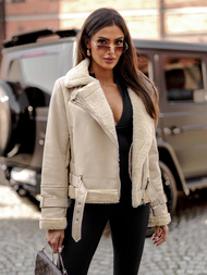 Γυναικείο δερμάτινο μπουφάν μπεζ OZONEE JS/11Z8177