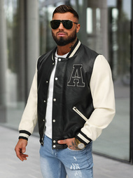 Ανδρικό δερμάτινο μπουφάν μαύρο-λευκό OZONEE JS/11Z8112Z