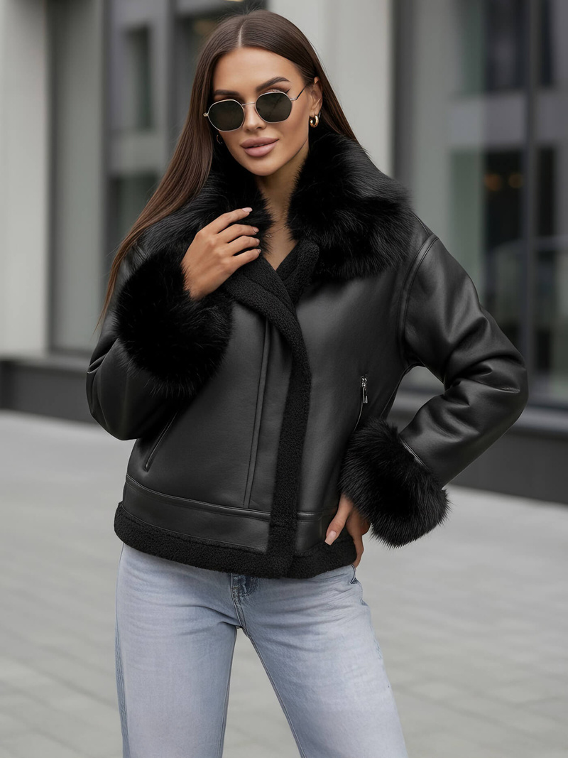 Γυναικείο δερμάτινο μπουφάν μαύρο OZONEE JS/61M8505/392Z