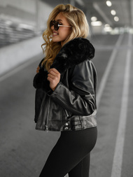 Γυναικείο δερμάτινο μπουφάν μαύρο OZONEE JS/61M8508/392A