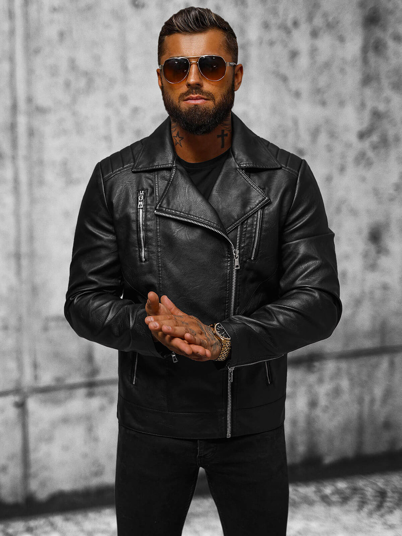 Ανδρικό δερμάτινο μπουφάν μαύρο OZONEE JS/11Z8067