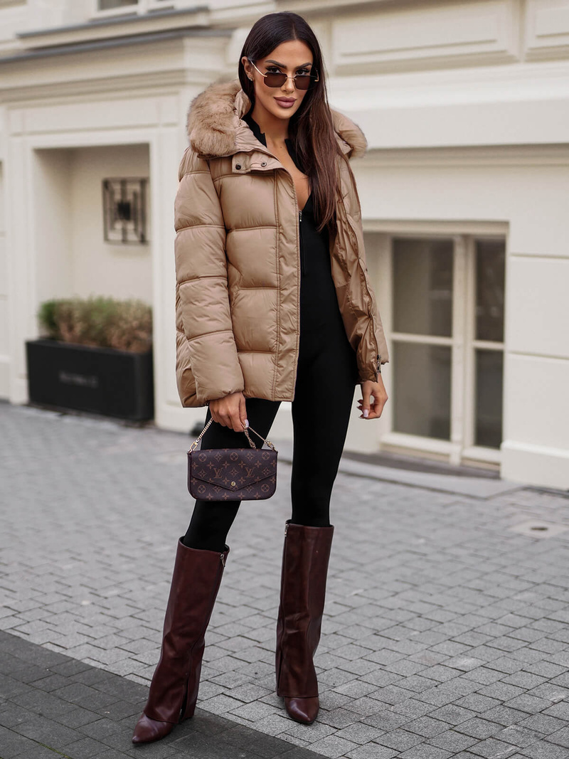 Γυναικείο χειμερινό μπουφάν kαμήλα OZONEE JS/5M3256/84