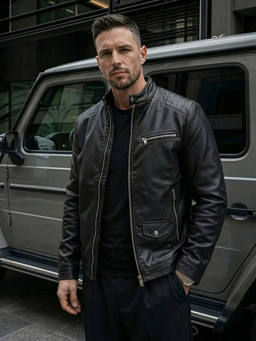 Ανδρικό δερμάτινο μπουφάν μαύρο OZONEE JS/11Z8021