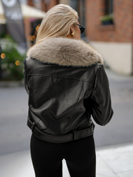 Γυναικείο δερμάτινο μπουφάν μαύρο-μπεζ OZONEE JS/61M8511/392B