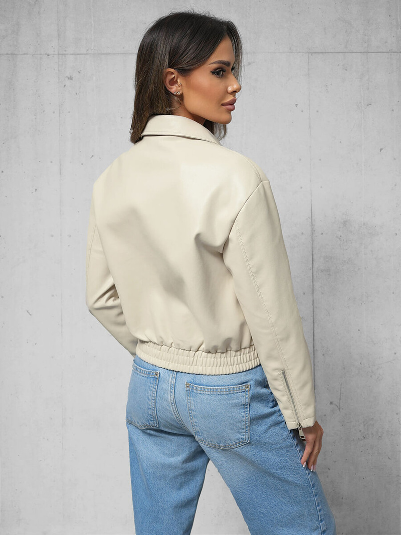 Γυναικείο δερμάτινο μπουφάν μπεζ OZONEE O/G116