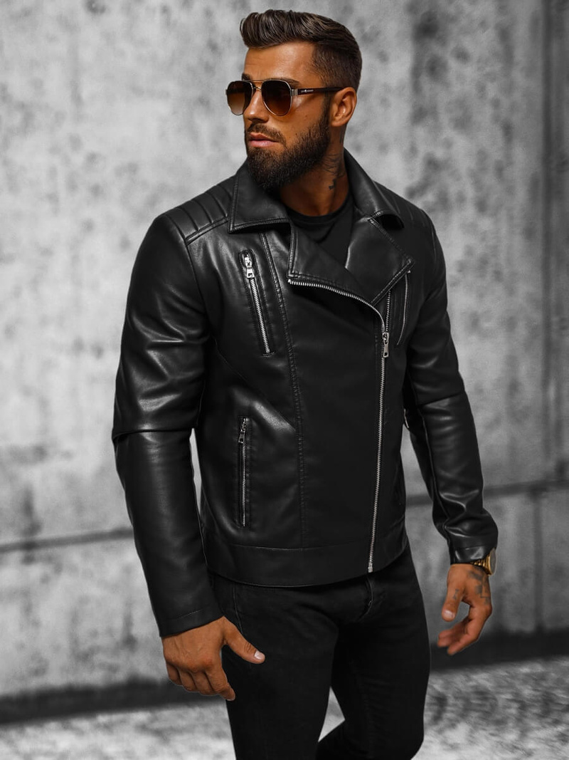 Ανδρικό δερμάτινο μπουφάν μαύρο OZONEE JS/11Z8056