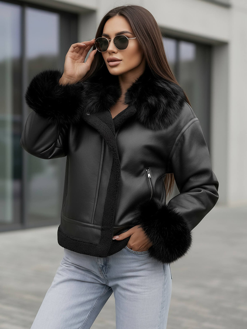 Γυναικείο δερμάτινο μπουφάν μαύρο OZONEE JS/61M8505/392Z