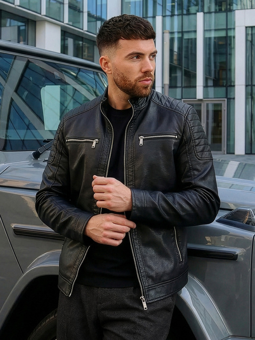 Ανδρικό δερμάτινο μπουφάν μαύρο OZONEE JS/11Z8137