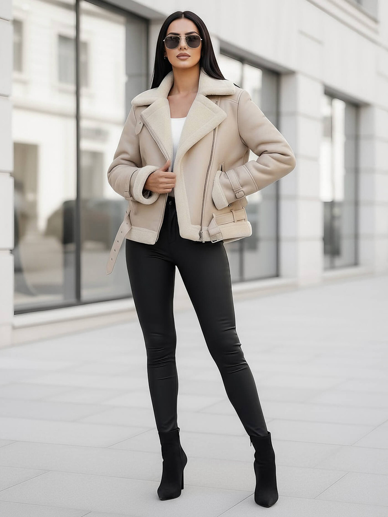 Γυναικείο δερμάτινο μπουφάν μπεζ OZONEE JS/11Z8177Z