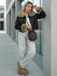 Γυναικείο δερμάτινο μπουφάν μαύρο-μπεζ OZONEE JS/61M8513/392B