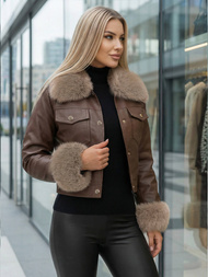 Γυναικείο δερμάτινο μπουφάν Σοκολάτα OZONEE JS/61M8513/158