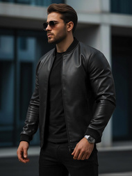 Ανδρικό δερμάτινο μπουφάν μαύρο OZONEE JS/11Z8015Z