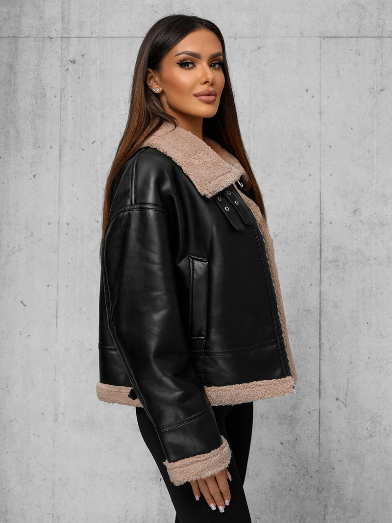 Γυναικείο δερμάτινο μπουφάν μαύρο-μπεζ OZONEE JS/11Z8176Z