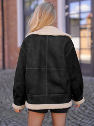 Γυναικείο δερμάτινο μπουφάν μαύρο-μπεζ OZONEE JS/61M8502/392B