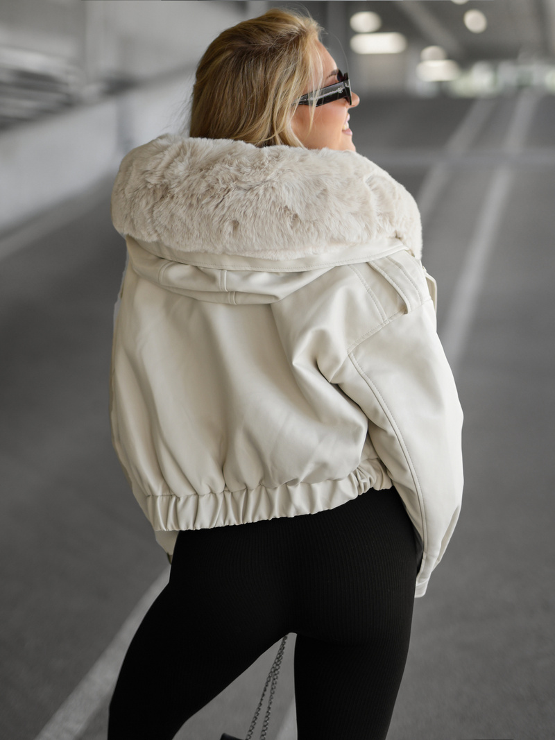 Γυναικείο δερμάτινο μπουφάν μπεζ OZONEE JS/11Z8172Z