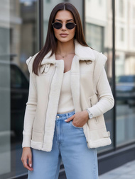 Γυναικείο δερμάτινο αμάνικο μπουφάν μπεζ OZONEE JS/61M8503/280Z