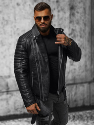 Ανδρικό δερμάτινο μπουφάν μαύρο OZONEE JS/11Z8005Z