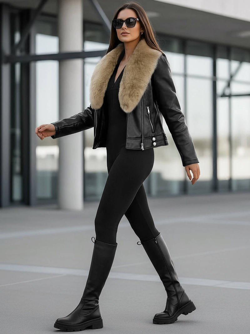 Γυναικείο δερμάτινο μπουφάν μαύρο-μπεζ OZONEE JS/61M8508/392BZ