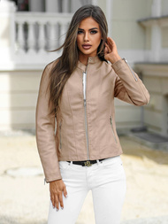 Γυναικείο δερμάτινο μπουφάν ανοιχτό-μπεζ OZONEE JS/11Z8058