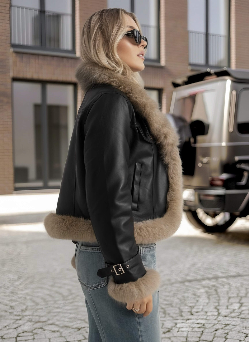 Γυναικείο δερμάτινο μπουφάν μαύρο OZONEE JS/61M8517/392