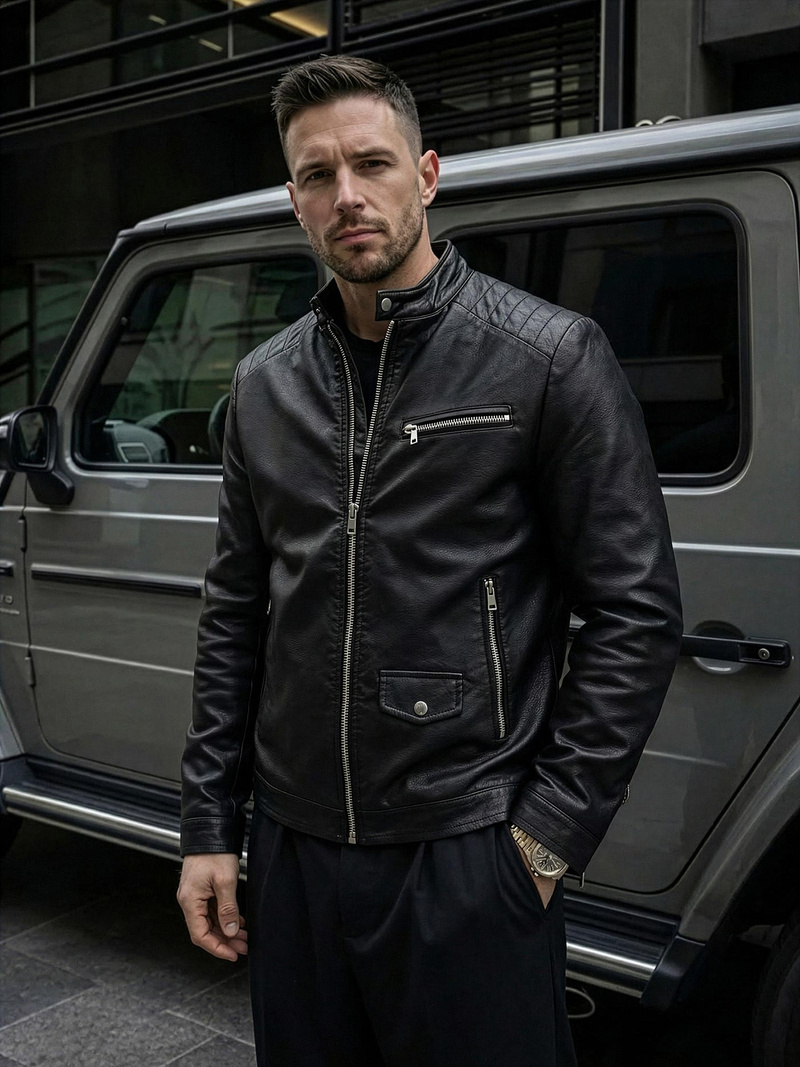 Ανδρικό δερμάτινο μπουφάν μαύρο OZONEE JS/11Z8021