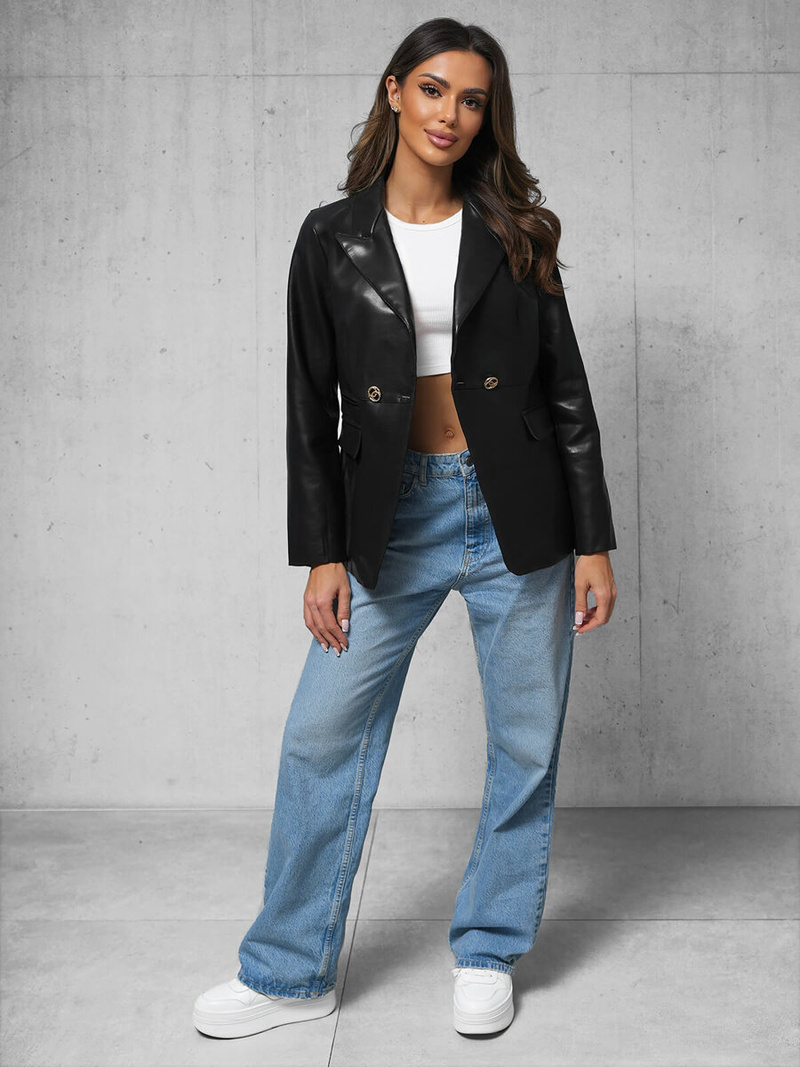 Γυναικείο δερμάτινο μπουφάν μαύρο OZONEE JS/11Z8121