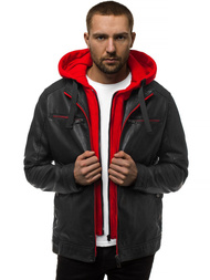 Ανδρικό δερμάτινο μπουφάν μαύρο-Κόκκινο OZONEE N/6129Z