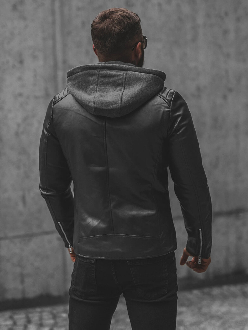 Ανδρικό δερμάτινο μπουφάν μαύρο OZONEE JS/11Z8012Z