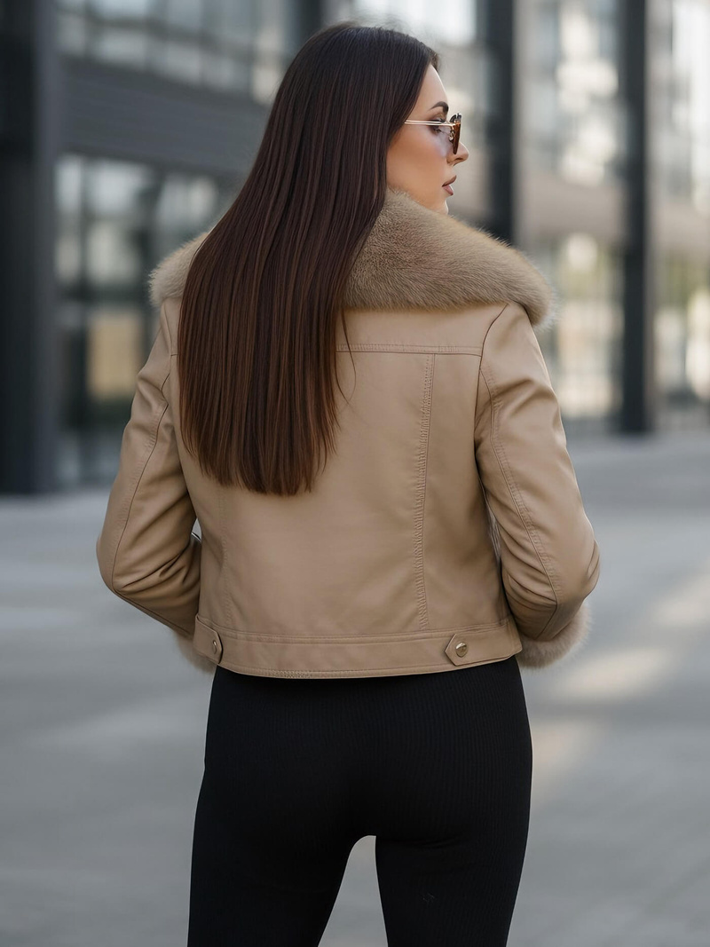 Γυναικείο δερμάτινο μπουφάν mπεζ OZONEE JS/61M8513/84Z