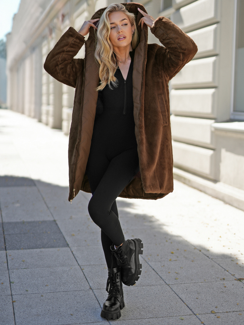 Γυναικείο μακρύ χειμωνιάτικο μπουφάν Σοκολάτα OZONEE JS/5M3352/158