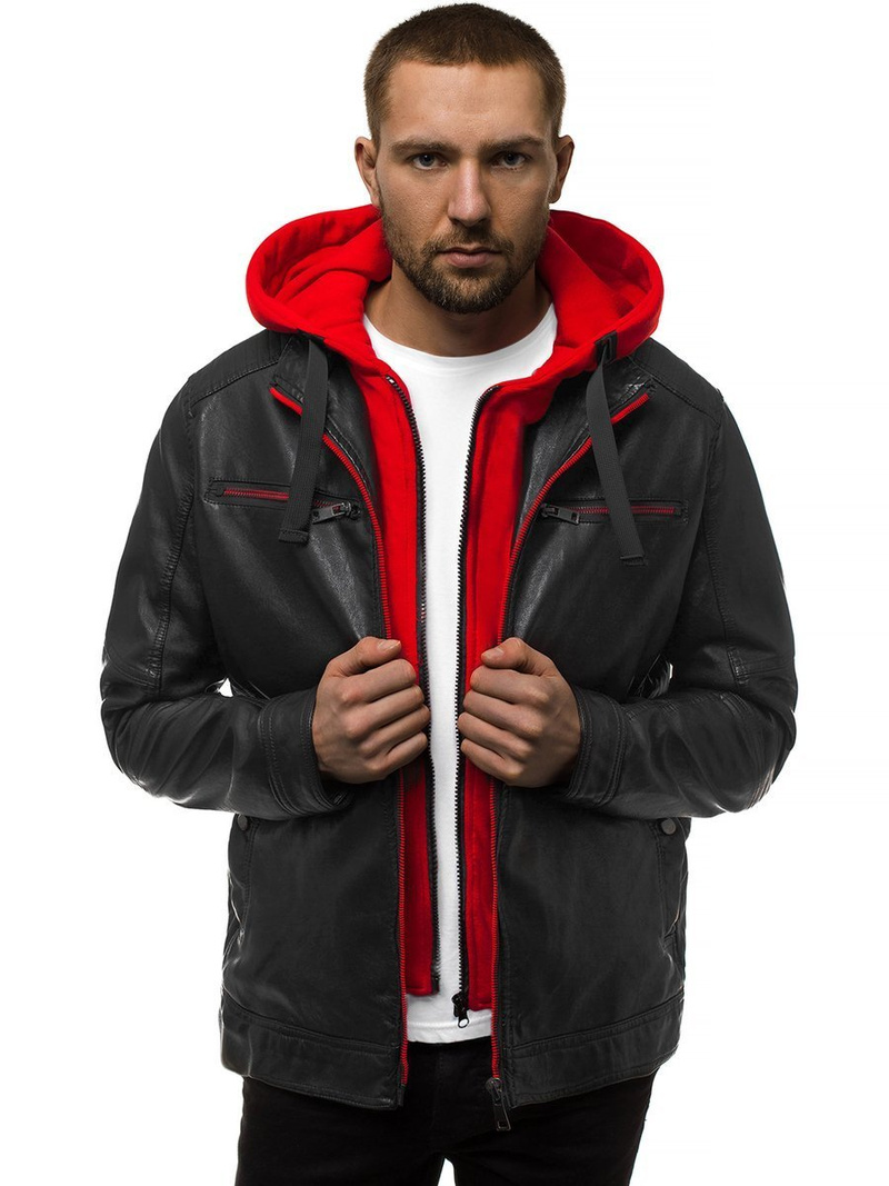 Ανδρικό δερμάτινο μπουφάν μαύρο-Κόκκινο OZONEE N/6129Z
