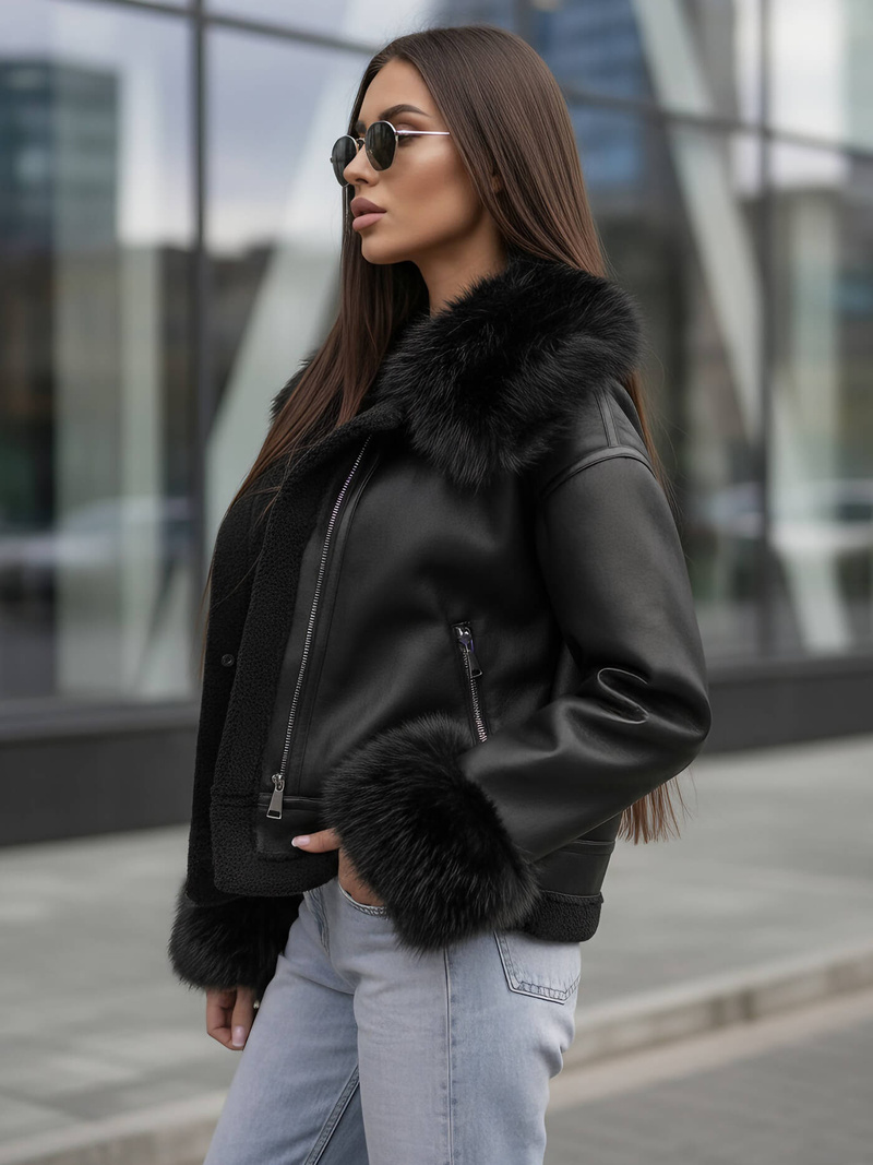 Γυναικείο δερμάτινο μπουφάν μαύρο OZONEE JS/61M8505/392Z